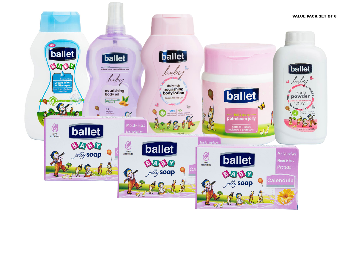 Ballet Value Pack (Set Of 8)-(Baby Cream Wash & Shampoo 240ml, Baby Oil 240ml,Baby Lotion 240ml,Baby Aloe-Vera /Pure Petroleum / Baby Regular & Baby Butter Blend Jellies 250g, Baby Powder 100g & Soaps
