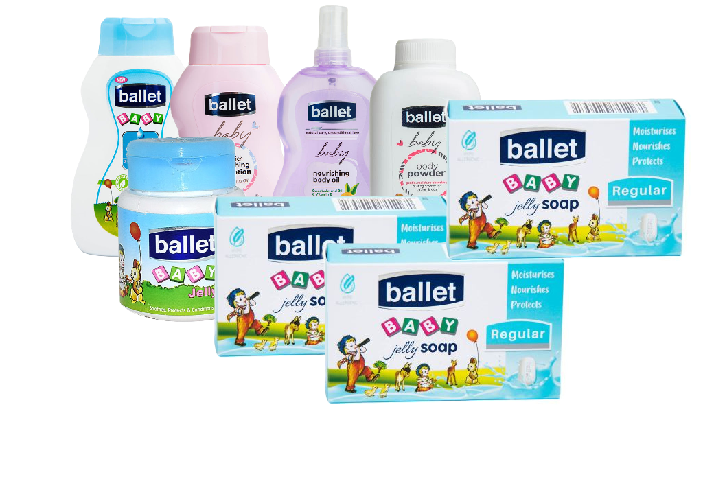Ballet Value Pack (Set Of 8)-(Baby Cream Wash & Shampoo 240ml, Baby Oil 240ml,Baby Lotion 240ml,Baby Aloe-Vera /Pure Petroleum / Baby Regular & Baby Butter Blend Jellies 250g, Baby Powder 100g & Soaps