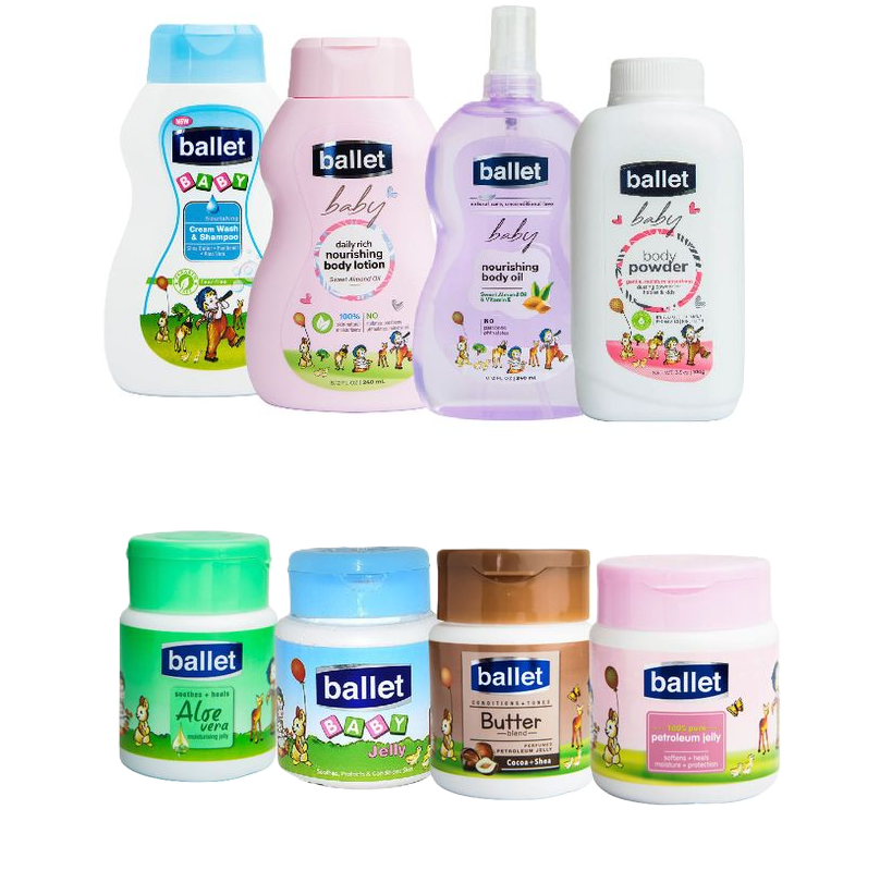 Ballet Baby Cream Wash & Shampoo 240ml, Baby Lotion 240ml, Baby Oil 240ml, Baby Powder 100g and Ballet Baby Jelly's - Aloe-vera, Regular, Butter Blend & Pure Petroleum Jelly -250g0g and