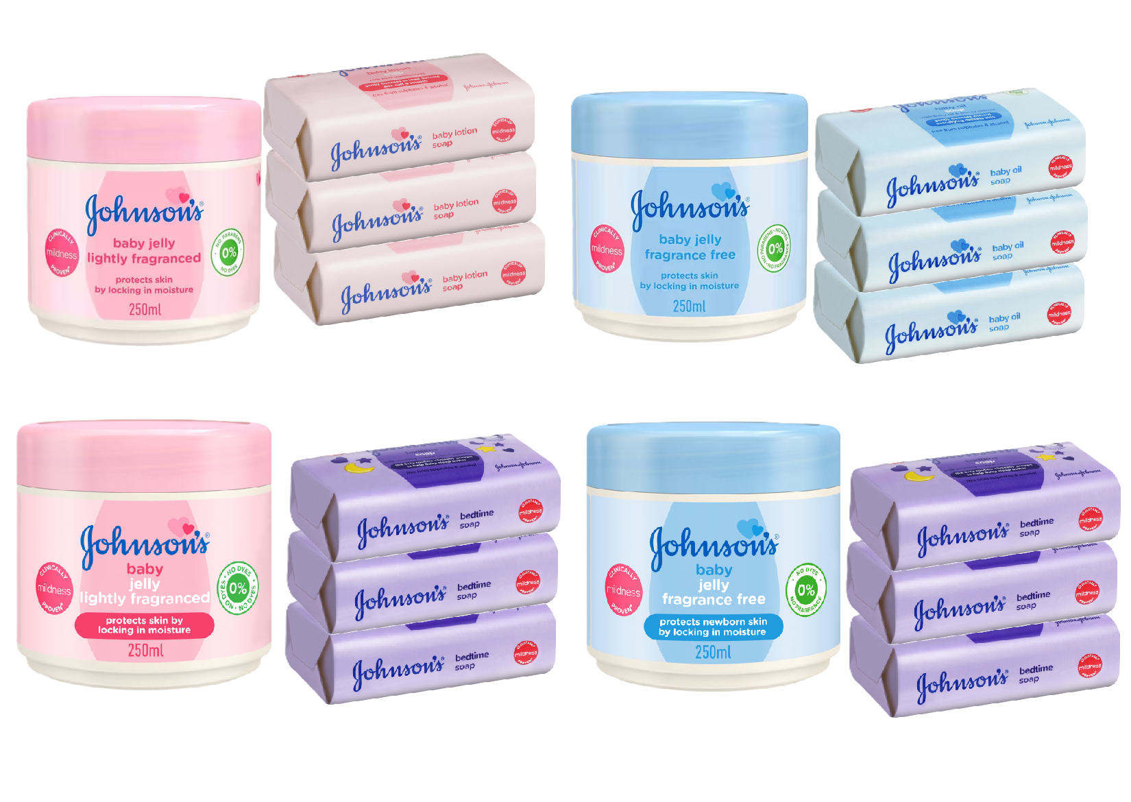 Johnson's Baby Jelly Lightly Fragranced 250ml & Baby Jelly Fragrance-Free 250ml and Johnson's Baby Soap Lotion 100g, Baby Oil Soap 100g & Baby Bedtime Soap 100g