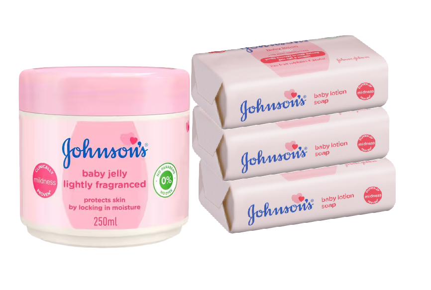 Johnson's Baby Jelly Lightly Fragranced 250ml & Baby Jelly Fragrance-Free 250ml and Johnson's Baby Soap Lotion 100g, Baby Oil Soap 100g & Baby Bedtime Soap 100g