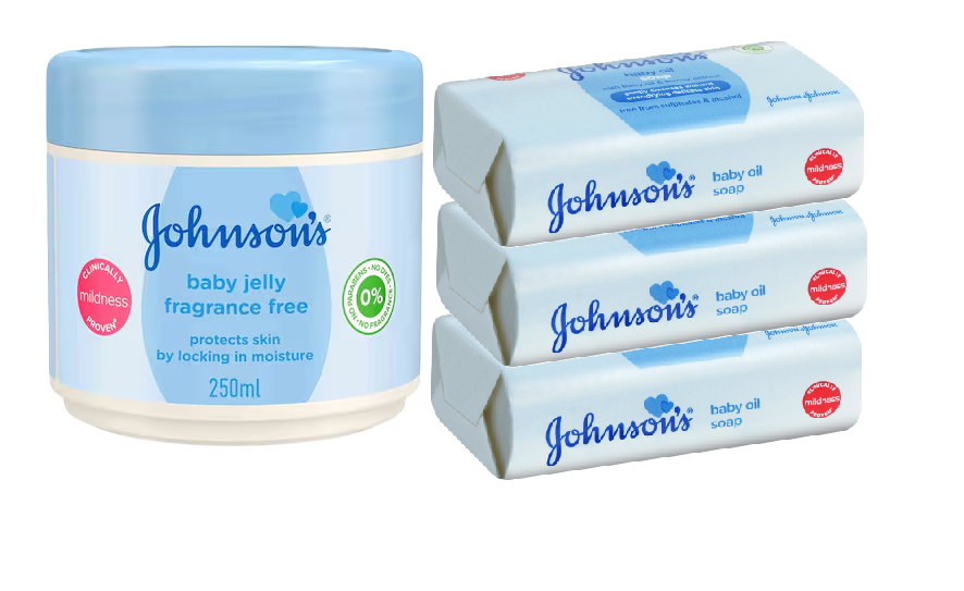 Johnson's Baby Jelly Lightly Fragranced 250ml & Baby Jelly Fragrance-Free 250ml and Johnson's Baby Soap Lotion 100g, Baby Oil Soap 100g & Baby Bedtime Soap 100g