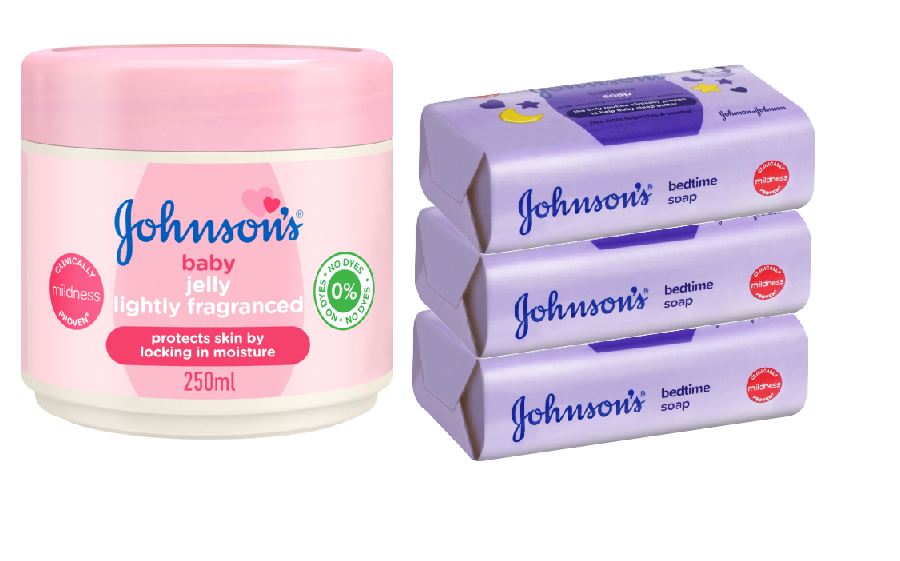 Johnson's Baby Jelly Lightly Fragranced 250ml & Baby Jelly Fragrance-Free 250ml and Johnson's Baby Soap Lotion 100g, Baby Oil Soap 100g & Baby Bedtime Soap 100g