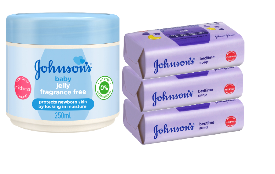 Johnson's Baby Jelly Lightly Fragranced 250ml & Baby Jelly Fragrance-Free 250ml and Johnson's Baby Soap Lotion 100g, Baby Oil Soap 100g & Baby Bedtime Soap 100g