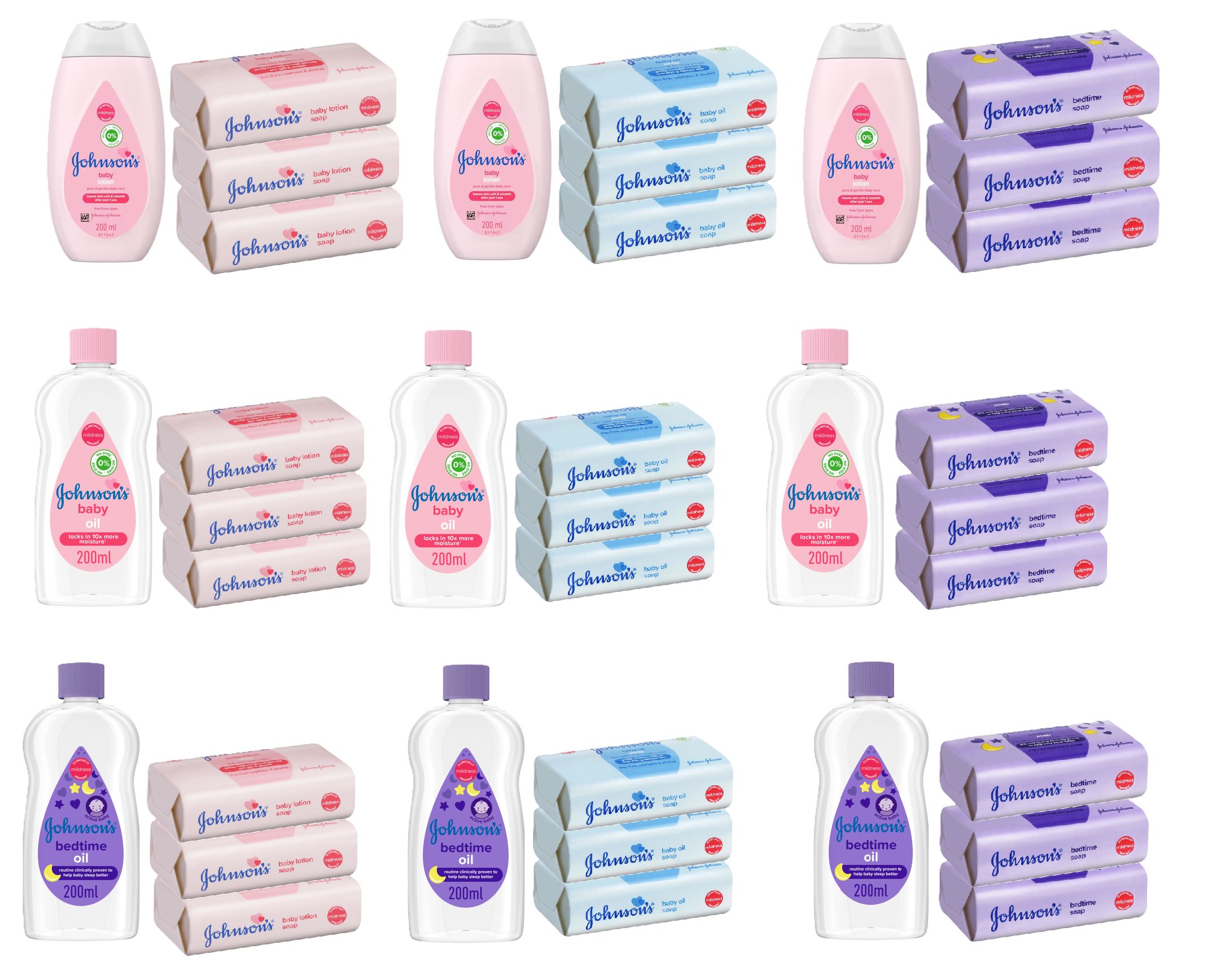 Johnson's Baby Lotion 200ml, Baby oil 200ml & Bedtime oil 200ml and Johnson's Baby Soaps: Baby Lotion Soap 100g-3pcs, Baby Oil Soaps 100g-3pcs & Baby Bedtime Soaps 100g-3pcs