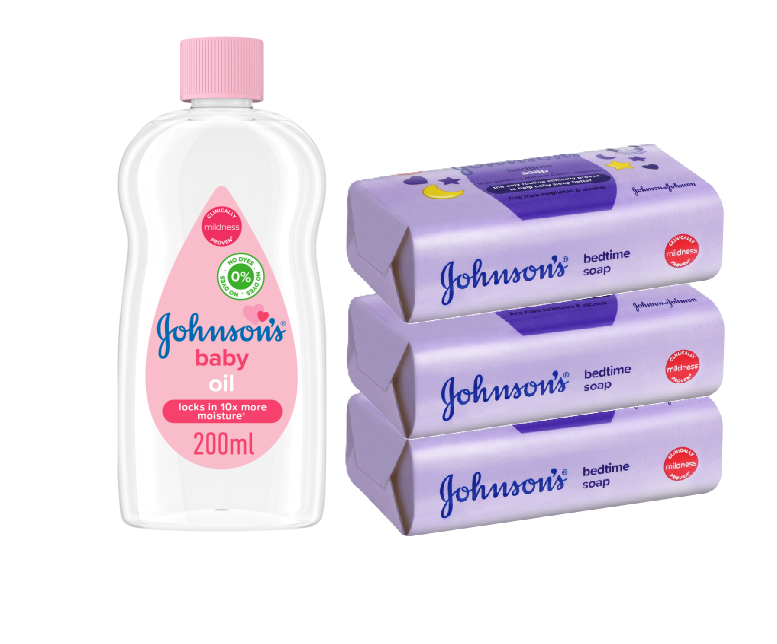 Johnson's Baby Lotion 200ml, Baby oil 200ml & Bedtime oil 200ml and Johnson's Baby Soaps: Baby Lotion Soap 100g-3pcs, Baby Oil Soaps 100g-3pcs & Baby Bedtime Soaps 100g-3pcs