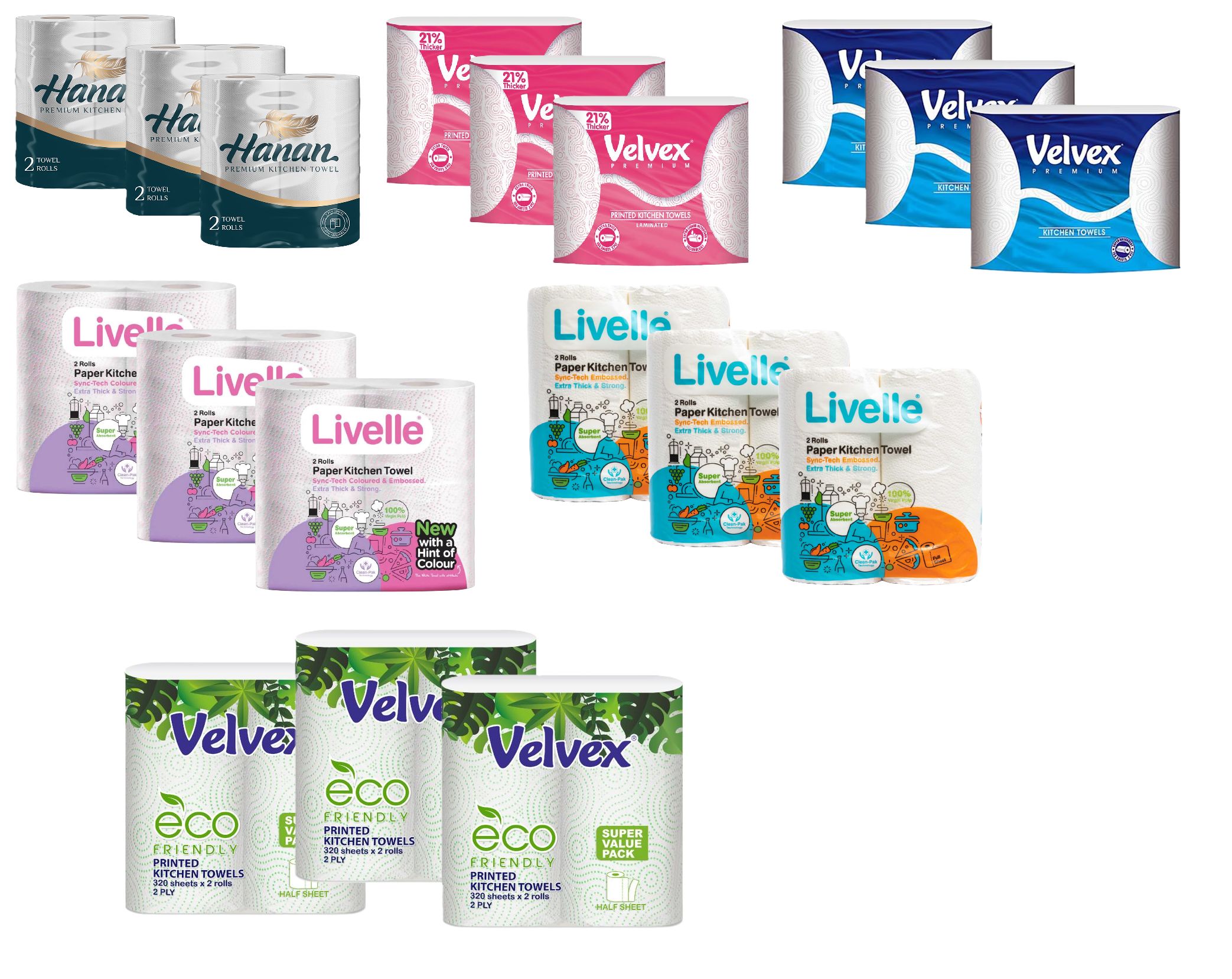 Kitchen Paper Towels Twin Pack: Hanan Twin Pack -3 Packs, Velvex Twin Pack- 3 Packs and Livelle Kitchen Twin packs- 3 Packs