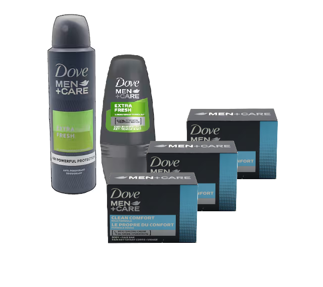 Dove Men+Care Extra Fresh Antiperspirant Deodorant Spray (150ml, Men+Care Coconut Milk Beauty Bar (100g) & Men+Care Extra Fresh Antiperspirant Roll-On (50ml)