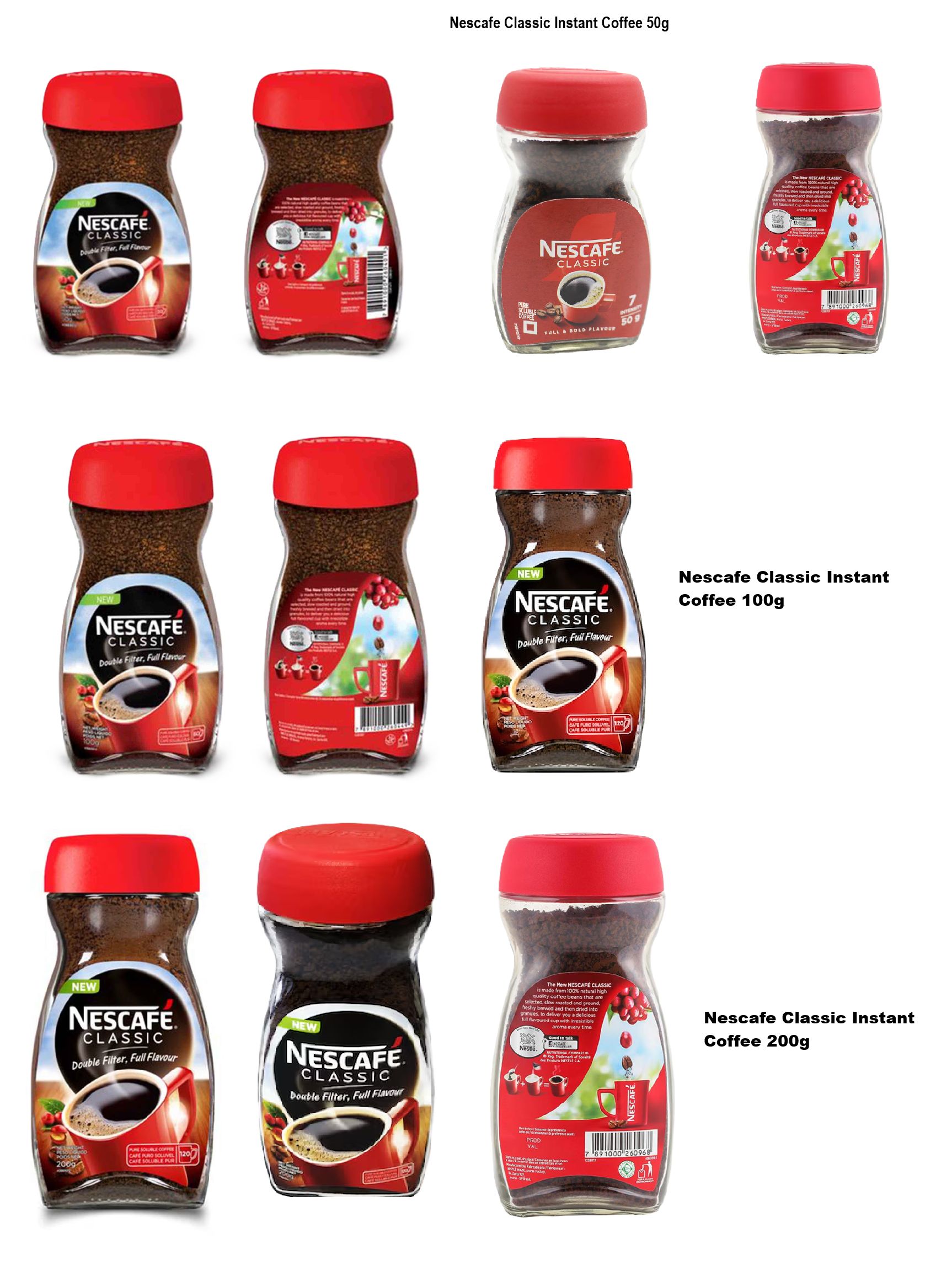 Beverages:Nescafe Classic Instant Coffee Jar packed in 50g, 100g & 200g. Maccoffee Classic Coffee Tins Packed in 50g, 100g & 200g. Nestle Milo Active-Go Chocolate Milk Powder Tins Packed in 100g &400g