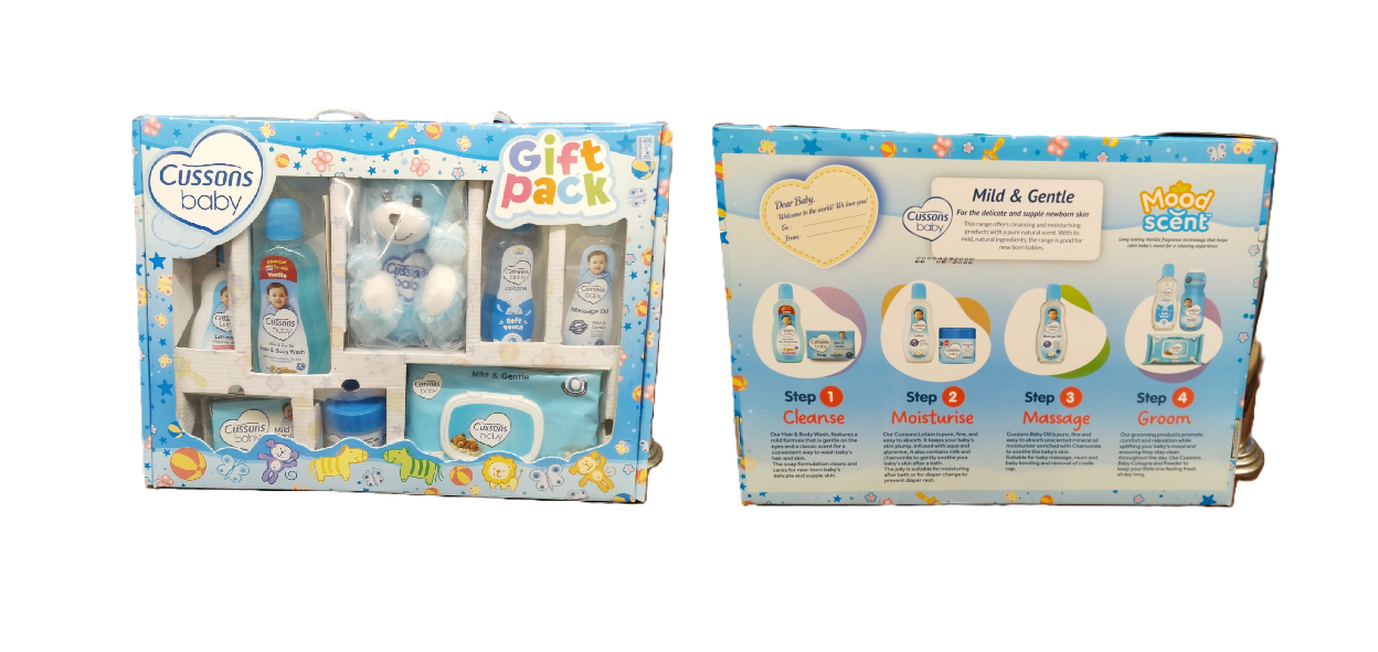 Cussons Baby Mild & Gentle Gift Box and Cussons Baby Soft & Smooth Gift Box complete set of baby toiletries from the  Mild & Gentle and Soft & Smooth range, packed in a nice box.