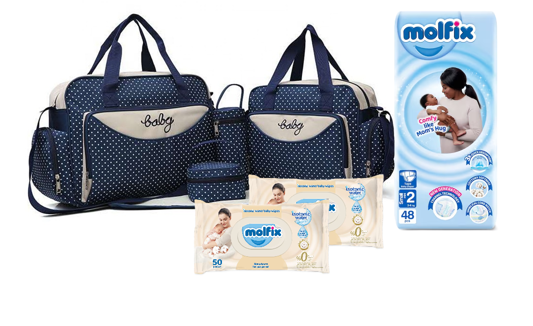 Babay Receiving Essentials: 5 In 1 Baby Diaper Bag, Nappy Changing Pad Travel Mummy Bag, Newborn size 2 Small Molfix Diapers 48 PCS and 2 Packs of Molfix  Newborn Isotonic Baby Wipes 50 PCS