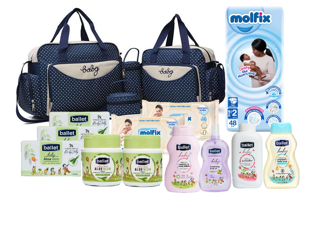 Baby Receiving Set of 5 In 1 Baby Diaper Bag Nappy Changing Pad Travel Mummy Bag, Ballet Baby Body Care Set ( Aloe Vera) And Molfix Newborn Diapers 48 PCS & 2 Packs of Newborn Isotonic Baby Wipes 50pc