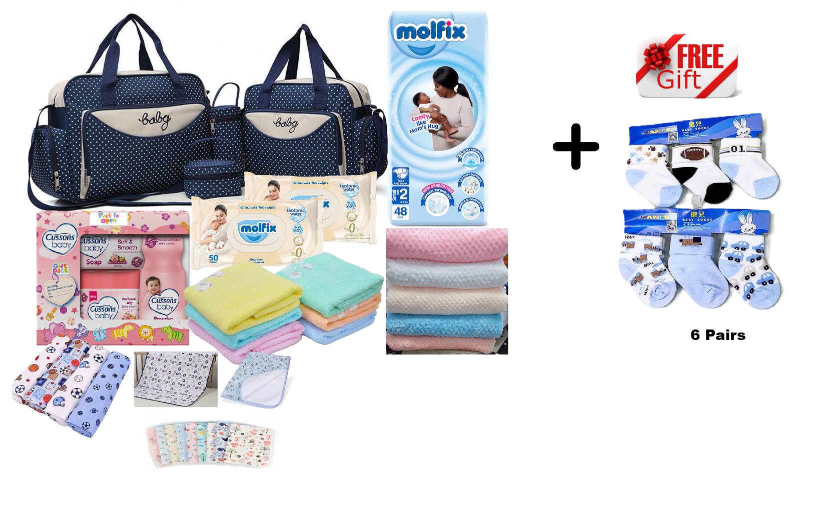 5 in 1 Baby Diaper Bag, Molfix Diapers Small 48pcs, Molfix Baby wipes, Cussons Baby S & S Gift Bag, Baby Flannels 4 pcs( Assorted colours), Mackintosh 1 pc (Assorted colour), Baby Shawl(one's Choice)