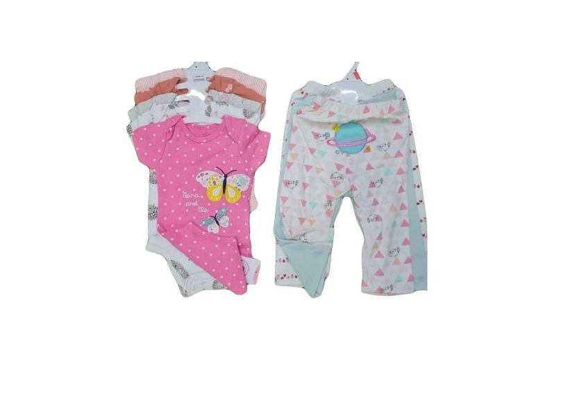 Baby Girl's 5 Bodysuits Onesies + 5 Trousers Set, Assorted colours, 4 Knitted Kofias, 3 Feeder Bibs, 6 Baby Vests, 6 Pairs of Socks, 6 Pairs of Baby Mittens,