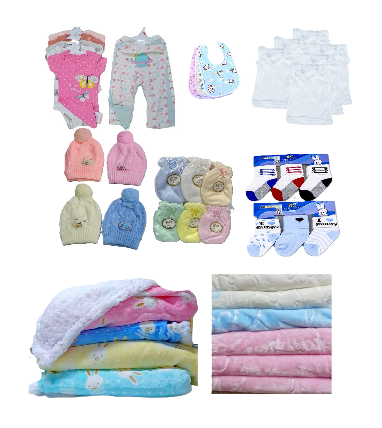 Baby Girl's 5 Bodysuits Onesies + 5 Trousers Set, Assorted colours, 4 Knitted Kofias, 3 Feeder Bibs, 6 Baby Vests, 6 Pairs of Socks, 6 Pairs of Baby Mittens,