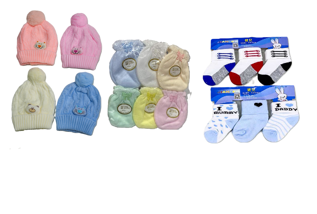 Baby Girl's 5 Bodysuits Onesies + 5 Trousers Set, Assorted colours, 4 Knitted Kofias, 3 Feeder Bibs, 6 Baby Vests, 6 Pairs of Socks, 6 Pairs of Baby Mittens,