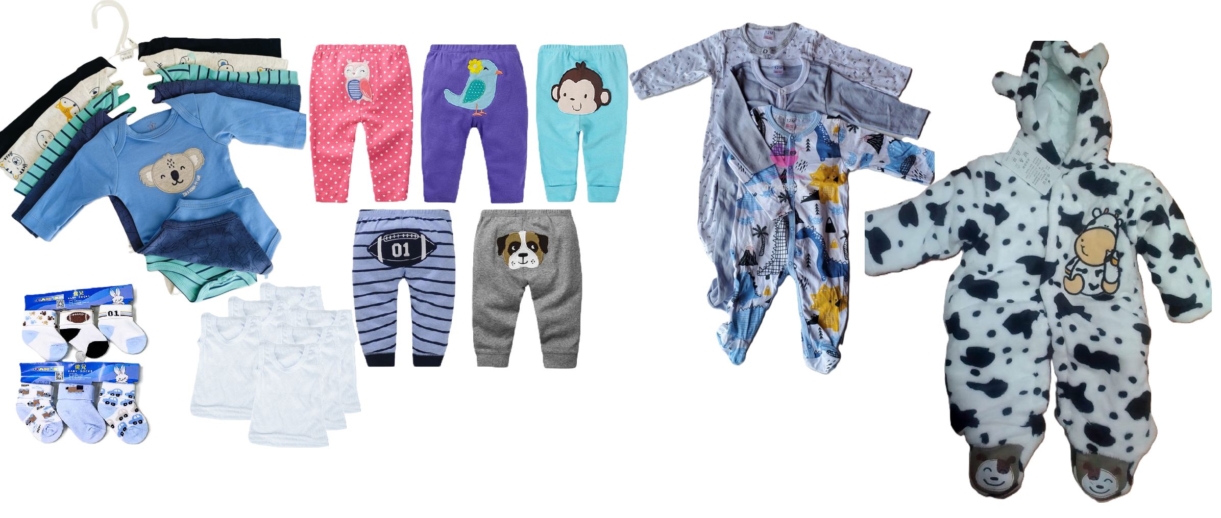 Baby Receiving set for Baby Boys: 5 pcs Baby Onesis Long sleeved, 5pcs Trousers, 6 Pairs of socks, 6 pcs Baby Vests, 3 pcs light cotton Rompers and 1 pc Heavy warm Romper