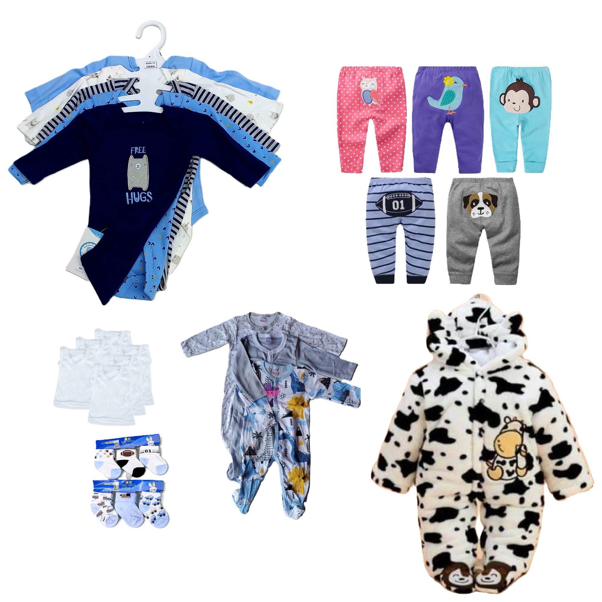 Baby Receiving set for Baby Boys: 5 pcs Baby Onesis Long sleeved, 5pcs Trousers, 6 Pairs of socks, 6 pcs Baby Vests, 3 pcs light cotton Rompers and 1 pc Heavy warm Romper