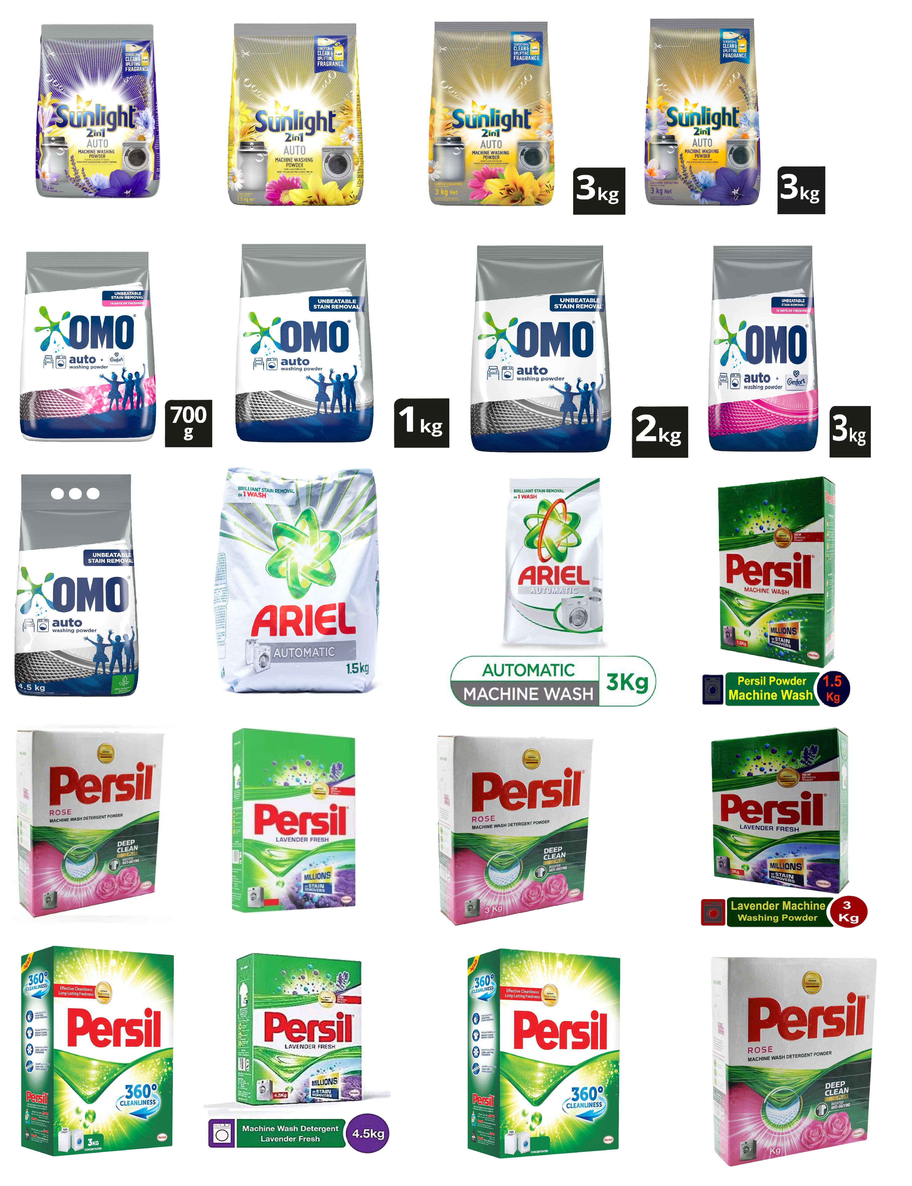 Auto Machine Powder Detergents For These Brands: Sunlight, Omo. Ariel and Persil