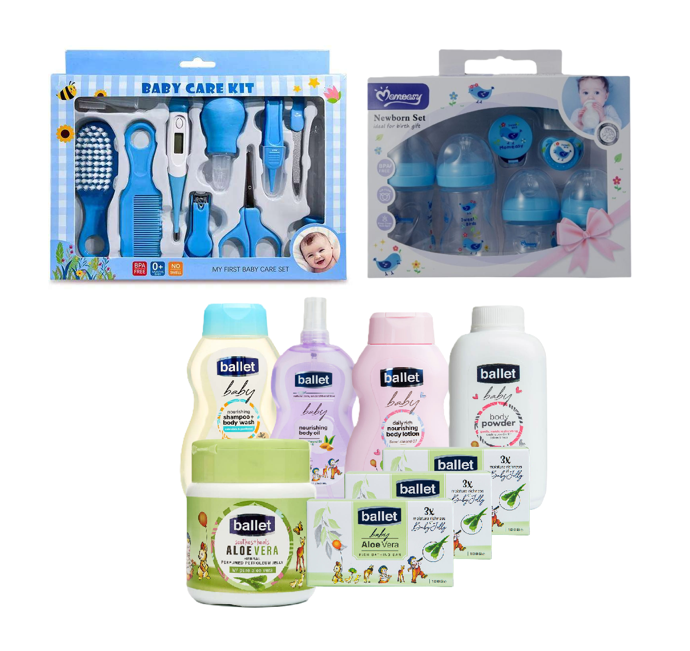 3 in 1 Baby Gift sets: Baby Grooming & Healthy Kit (Small), Momeasy Feeding Set and Bodycare sets from Ballet, Cussons & Nice & Lovely Baby Naturals set