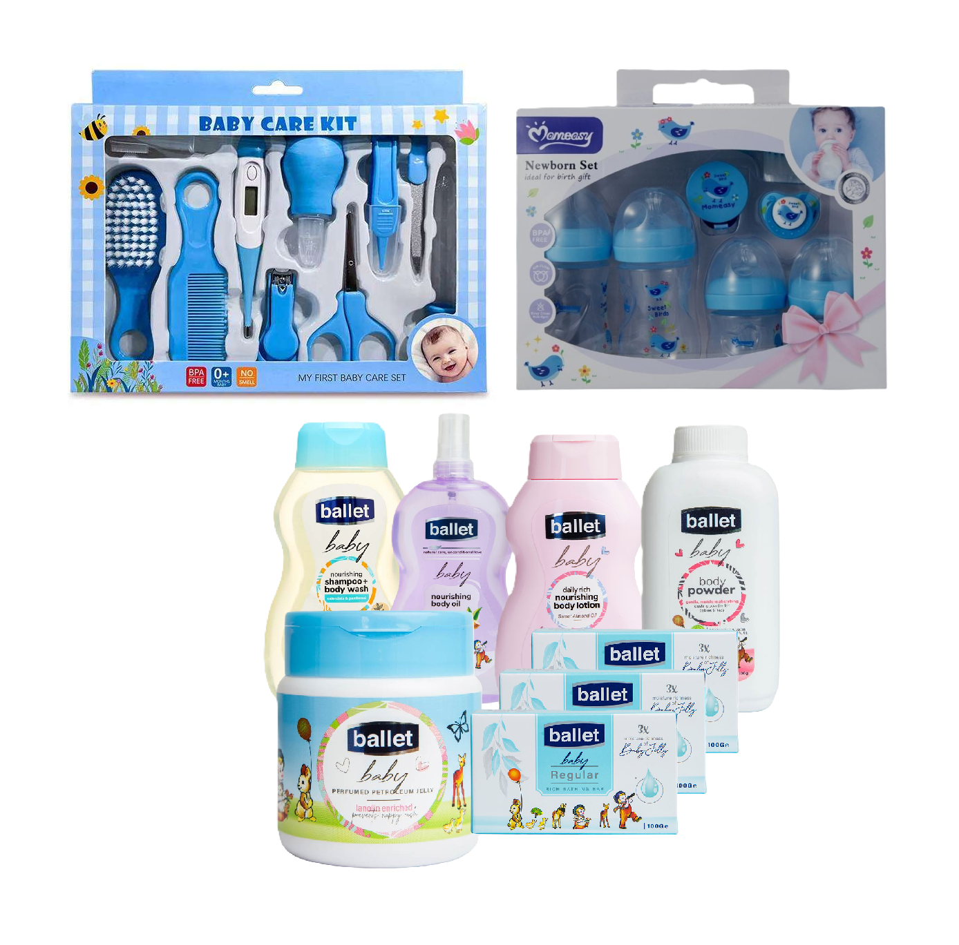 3 in 1 Baby Gift sets: Baby Grooming & Healthy Kit (Small), Momeasy Feeding Set and Bodycare sets from Ballet, Cussons & Nice & Lovely Baby Naturals set
