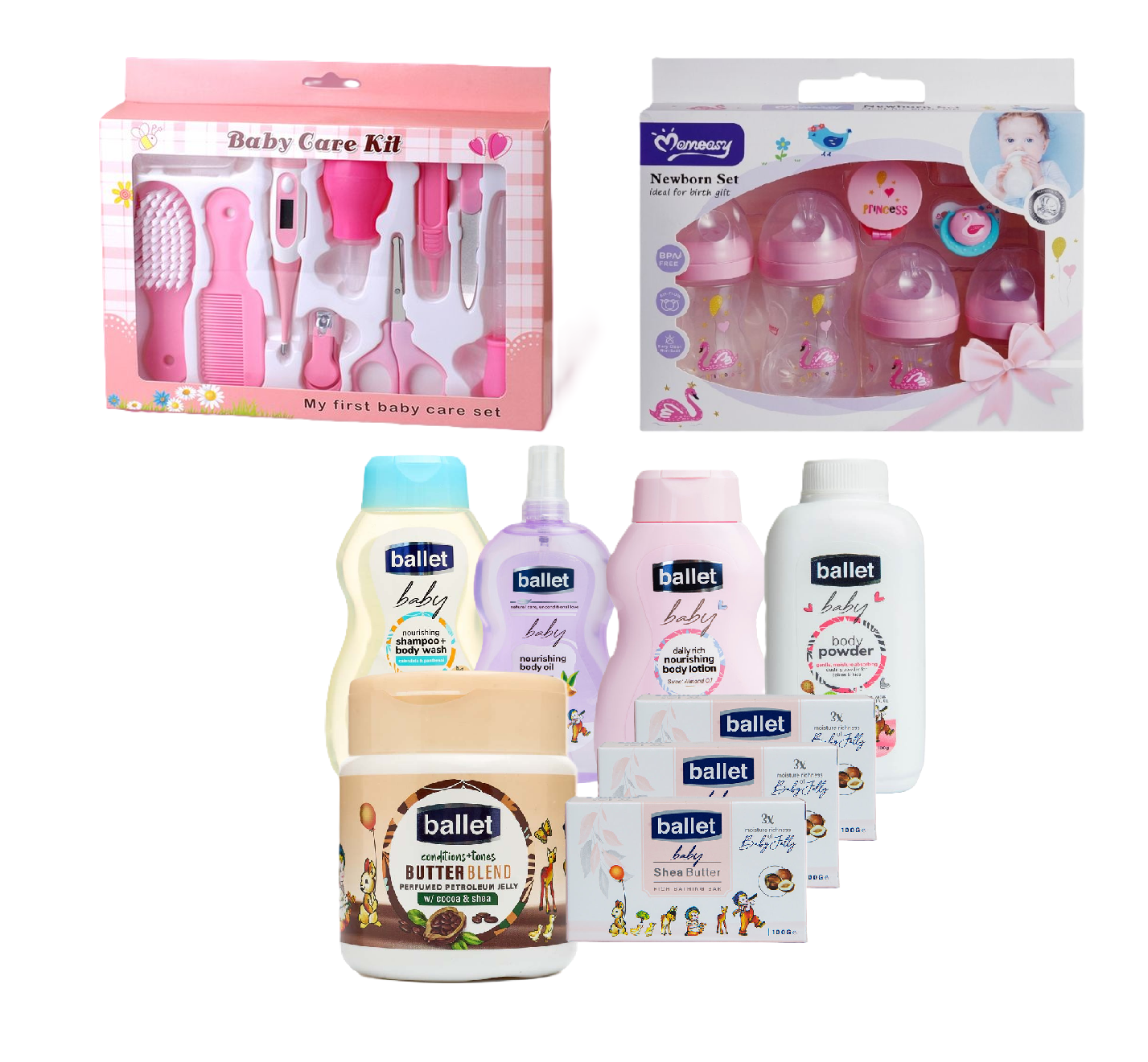 3 in 1 Baby Gift sets: Baby Grooming & Healthy Kit (Small), Momeasy Feeding Set and Bodycare sets from Ballet, Cussons & Nice & Lovely Baby Naturals set