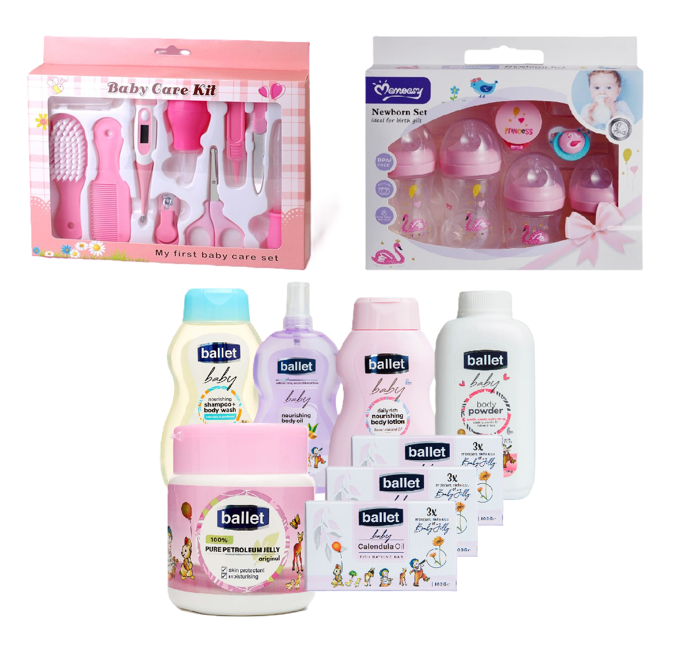 3 in 1 Baby Gift sets: Baby Grooming & Healthy Kit (Small), Momeasy Feeding Set and Bodycare sets from Ballet, Cussons & Nice & Lovely Baby Naturals set