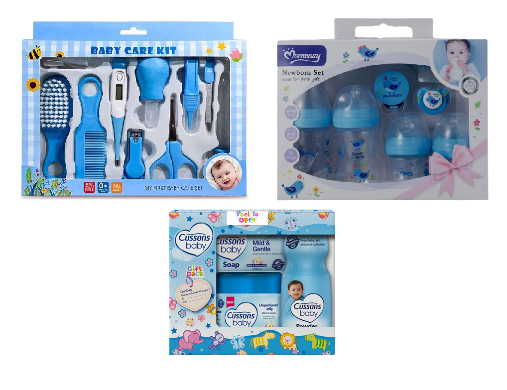 3 in 1 Baby Gift sets: Baby Grooming & Healthy Kit (Small), Momeasy Feeding Set and Bodycare sets from Ballet, Cussons & Nice & Lovely Baby Naturals set