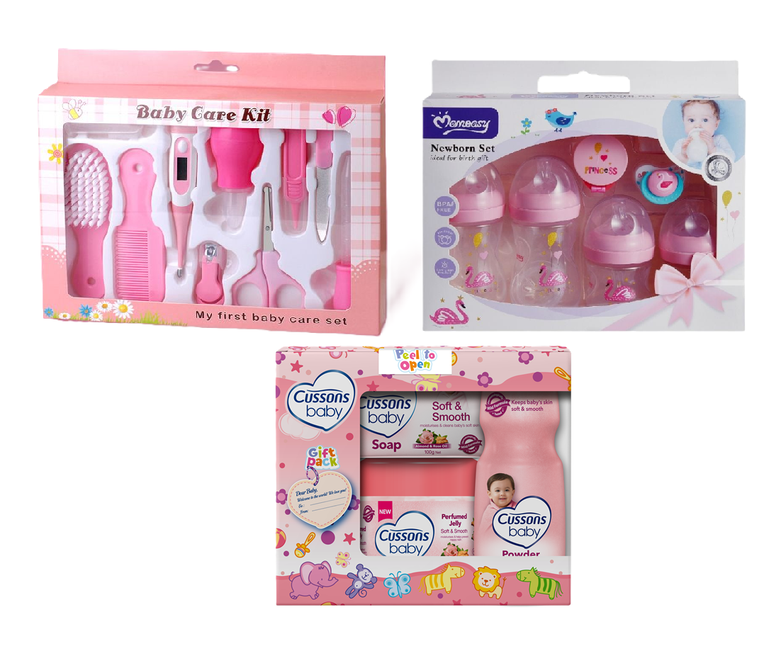 3 in 1 Baby Gift sets: Baby Grooming & Healthy Kit (Small), Momeasy Feeding Set and Bodycare sets from Ballet, Cussons & Nice & Lovely Baby Naturals set