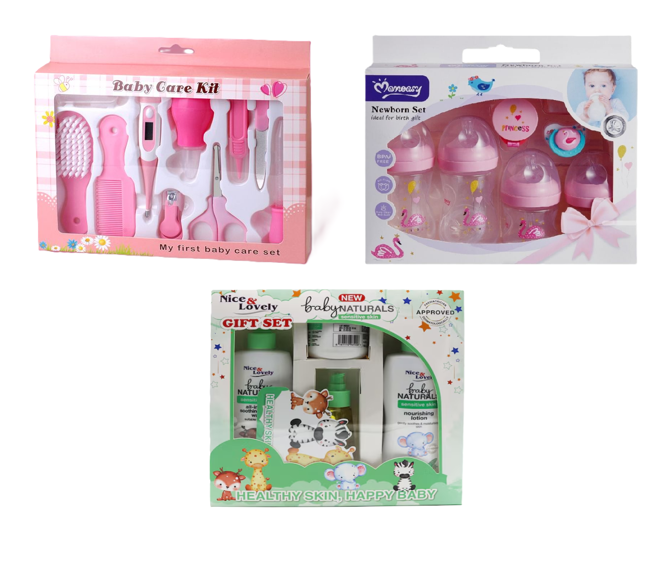 3 in 1 Baby Gift sets: Baby Grooming & Healthy Kit (Small), Momeasy Feeding Set and Bodycare sets from Ballet, Cussons & Nice & Lovely Baby Naturals set