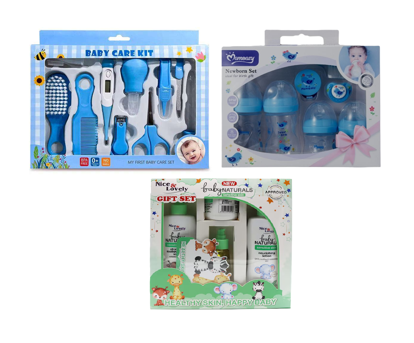 3 in 1 Baby Gift sets: Baby Grooming & Healthy Kit (Small), Momeasy Feeding Set and Bodycare sets from Ballet, Cussons & Nice & Lovely Baby Naturals set