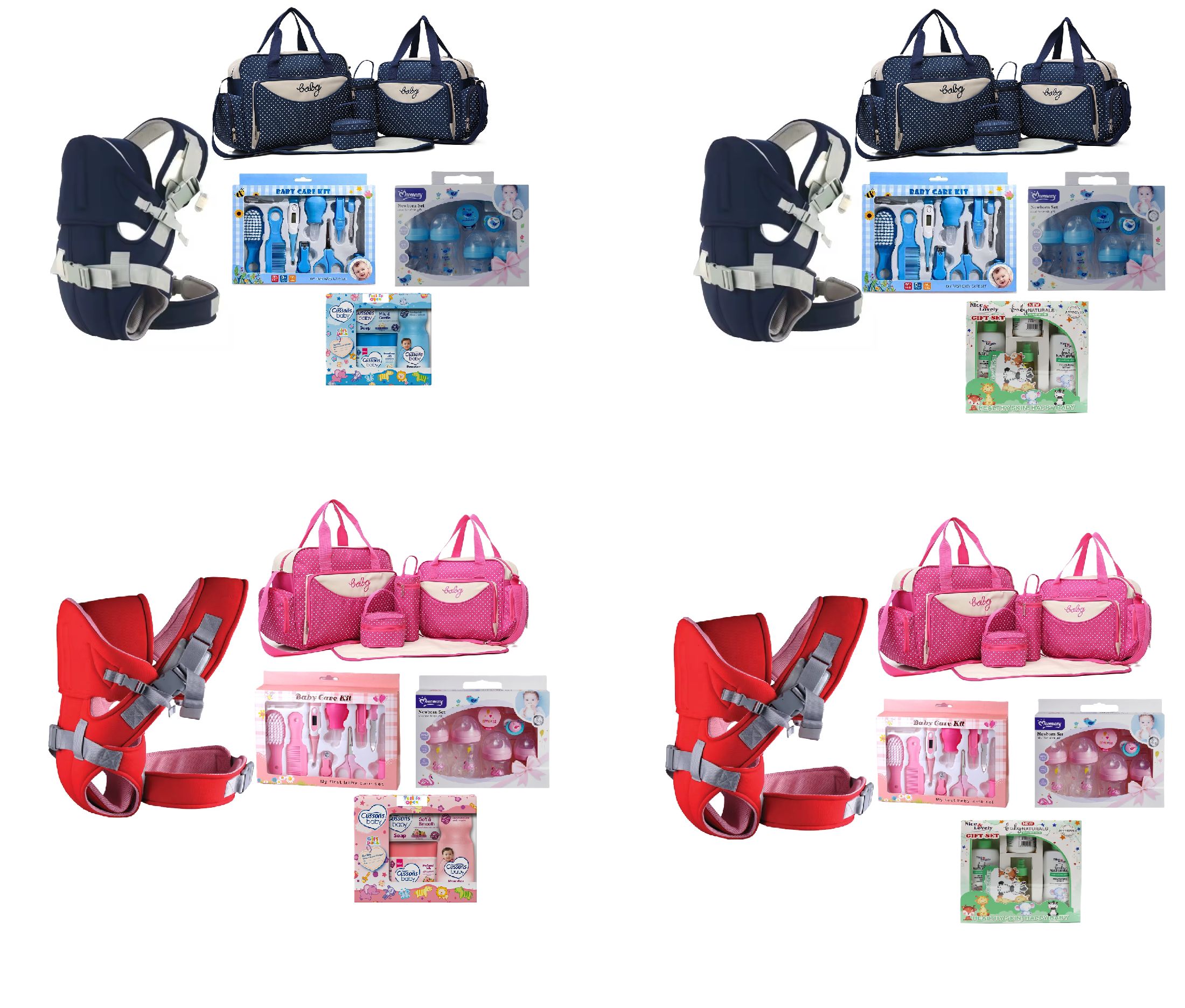 5 in 1 Baby Gift sets: Baby Carrier, 5 in 1 Baby Diaper Bag Baby Grooming & Healthy Kit (Small), Momeasy Feeding Set and Bodycare sets from Ballet, Cussons & Nice & Lovely Baby Naturals set