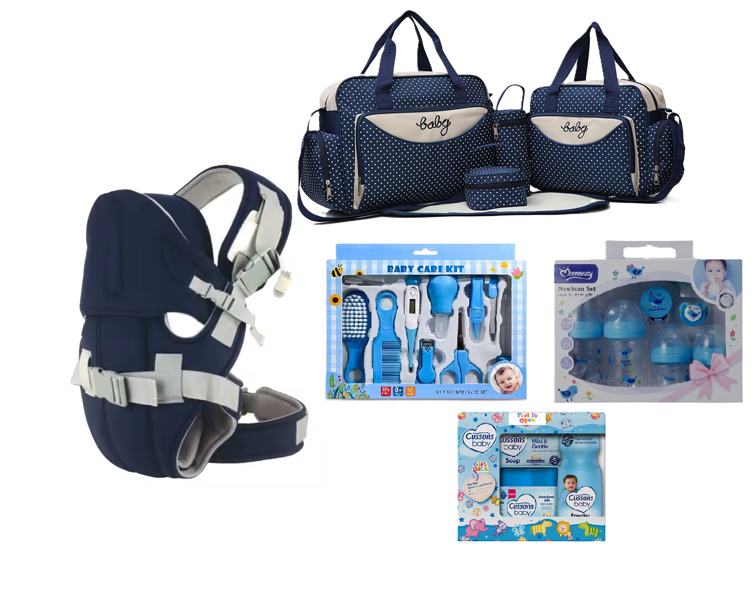 5 in 1 Baby Gift sets: Baby Carrier, 5 in 1 Baby Diaper Bag Baby Grooming & Healthy Kit (Small), Momeasy Feeding Set and Bodycare sets from Ballet, Cussons & Nice & Lovely Baby Naturals set