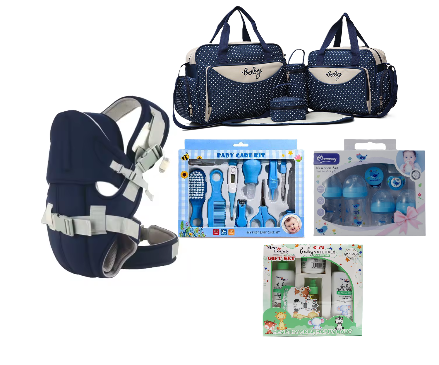 5 in 1 Baby Gift sets: Baby Carrier, 5 in 1 Baby Diaper Bag Baby Grooming & Healthy Kit (Small), Momeasy Feeding Set and Bodycare sets from Ballet, Cussons & Nice & Lovely Baby Naturals set