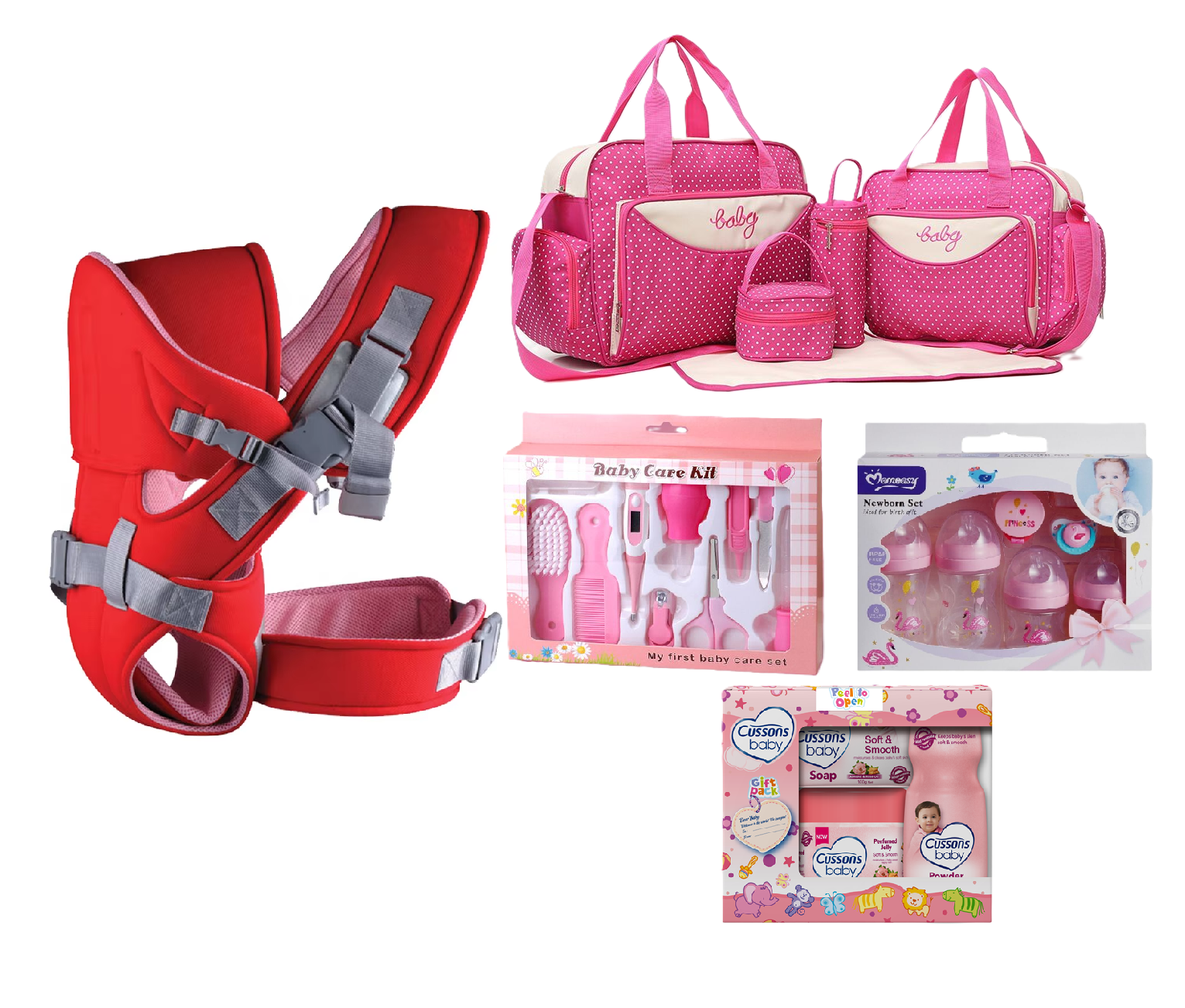 5 in 1 Baby Gift sets: Baby Carrier, 5 in 1 Baby Diaper Bag Baby Grooming & Healthy Kit (Small), Momeasy Feeding Set and Bodycare sets from Ballet, Cussons & Nice & Lovely Baby Naturals set