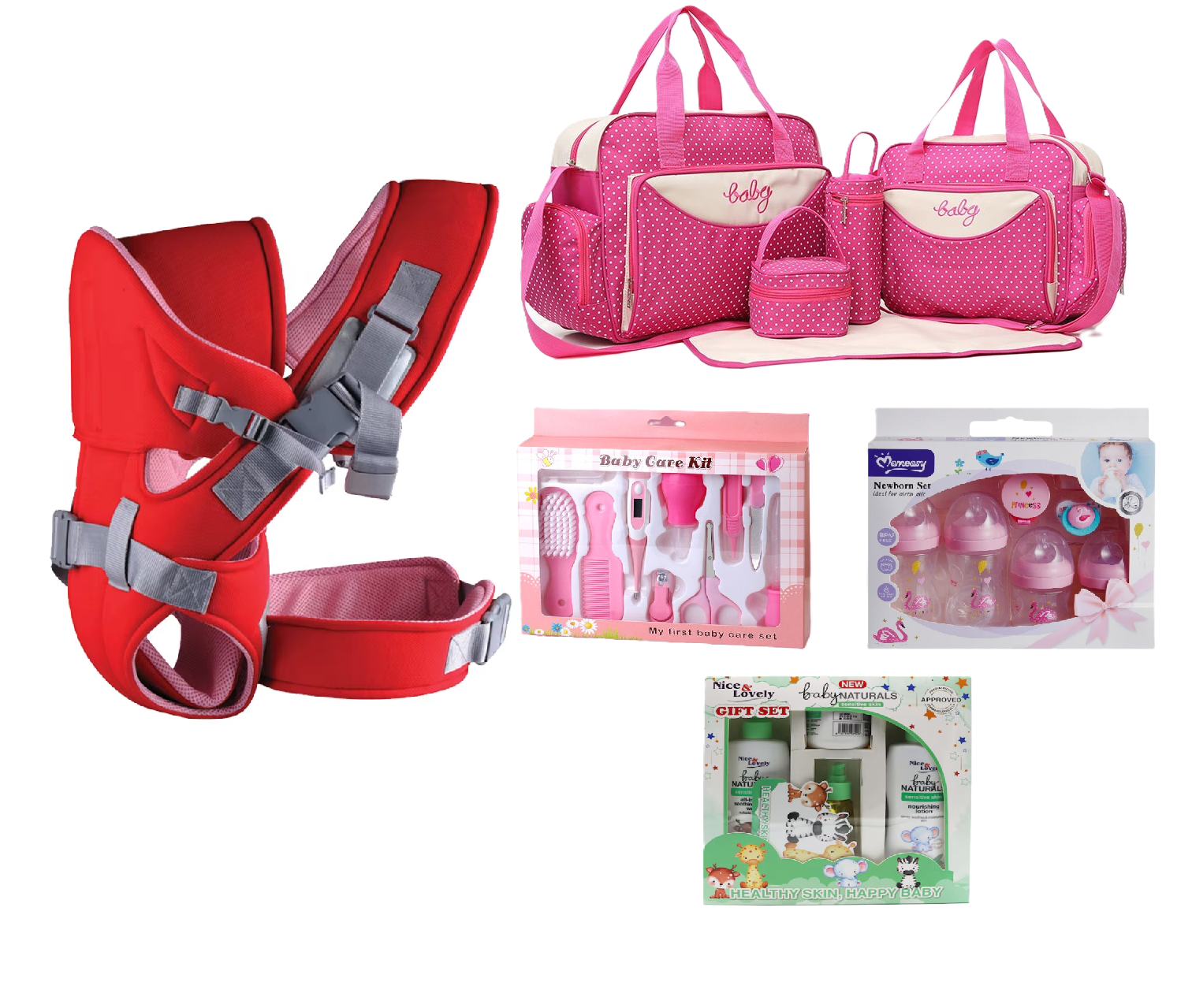 5 in 1 Baby Gift sets: Baby Carrier, 5 in 1 Baby Diaper Bag Baby Grooming & Healthy Kit (Small), Momeasy Feeding Set and Bodycare sets from Ballet, Cussons & Nice & Lovely Baby Naturals set
