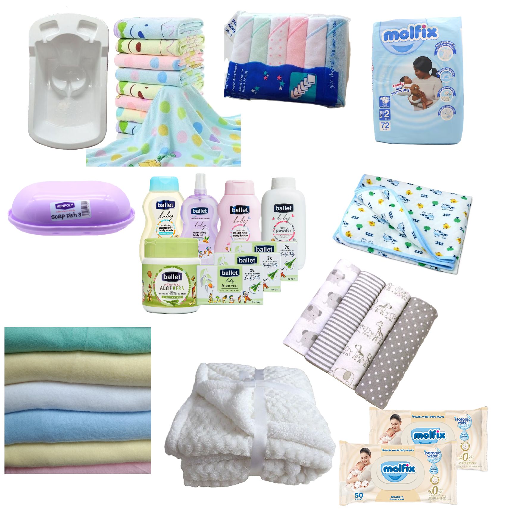 All-in-One Deluxe Newborn Baby Bath & Skincare Bundle – Includes Basin, Molfix Diapers, Towels & Ballet Bodycare Set (23+ Pcs)