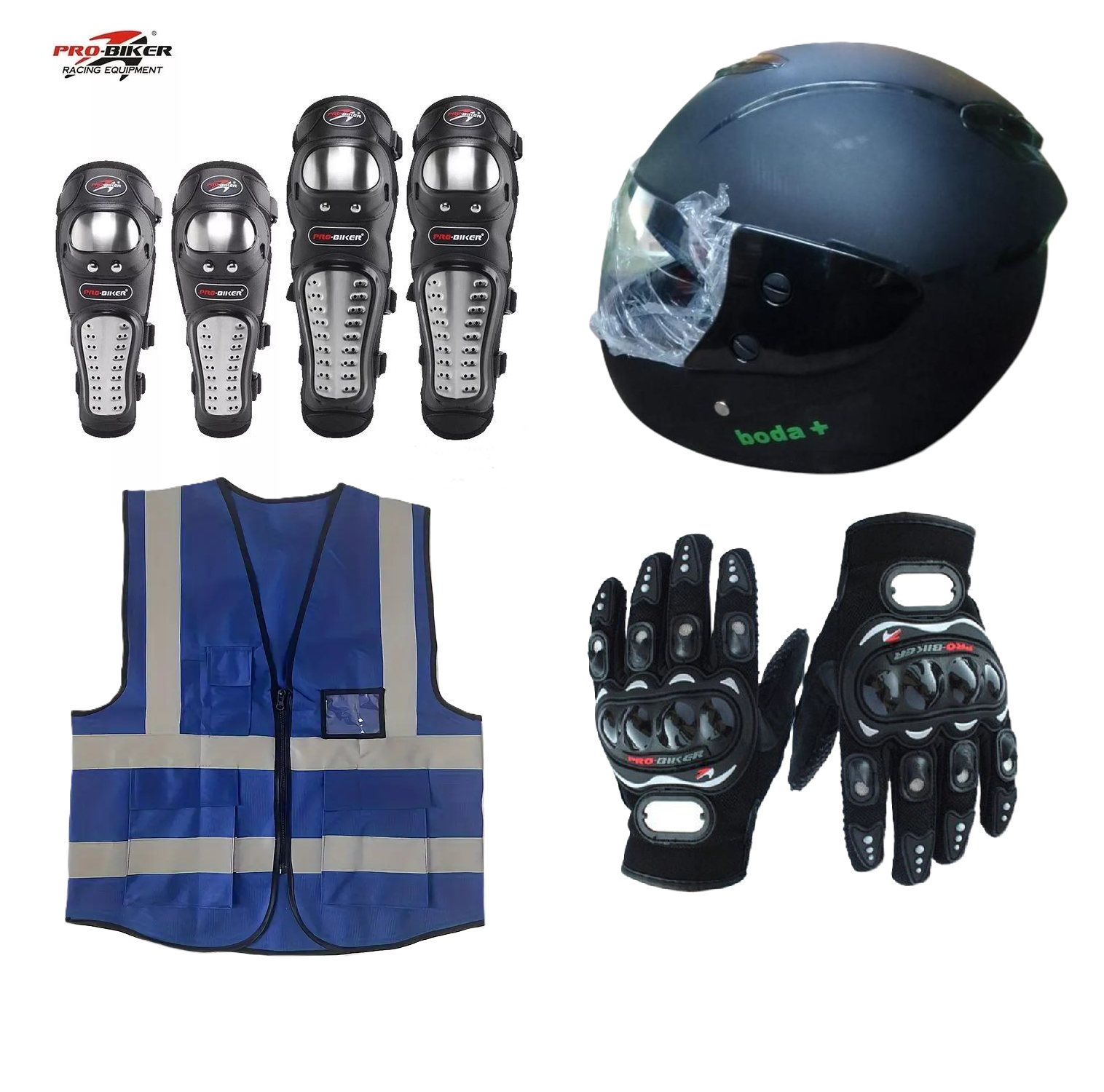 Motorcycle Protective Gear Combo: Pro-Biker Knee & Elbow Guards, Boda+ Full Black Helmet, Reflector Jacket( Blue) and Pro- Biker Full Fingers Gloves