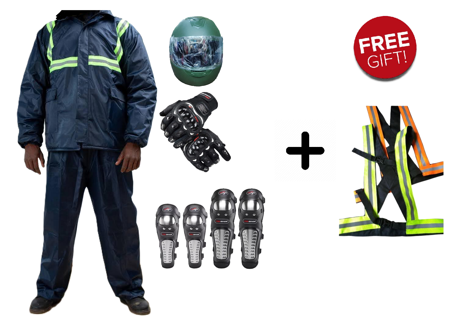 Motorcyclist All Weather Protective Gears: Riders Rain Suit, Boda+ Full Head Helmet, Pro-Biker Knee & Elbow Guards, Pro-Biker Full Fingers Black Gloves and Free Gift 2 Pcs Motorcycle Reflective Straps