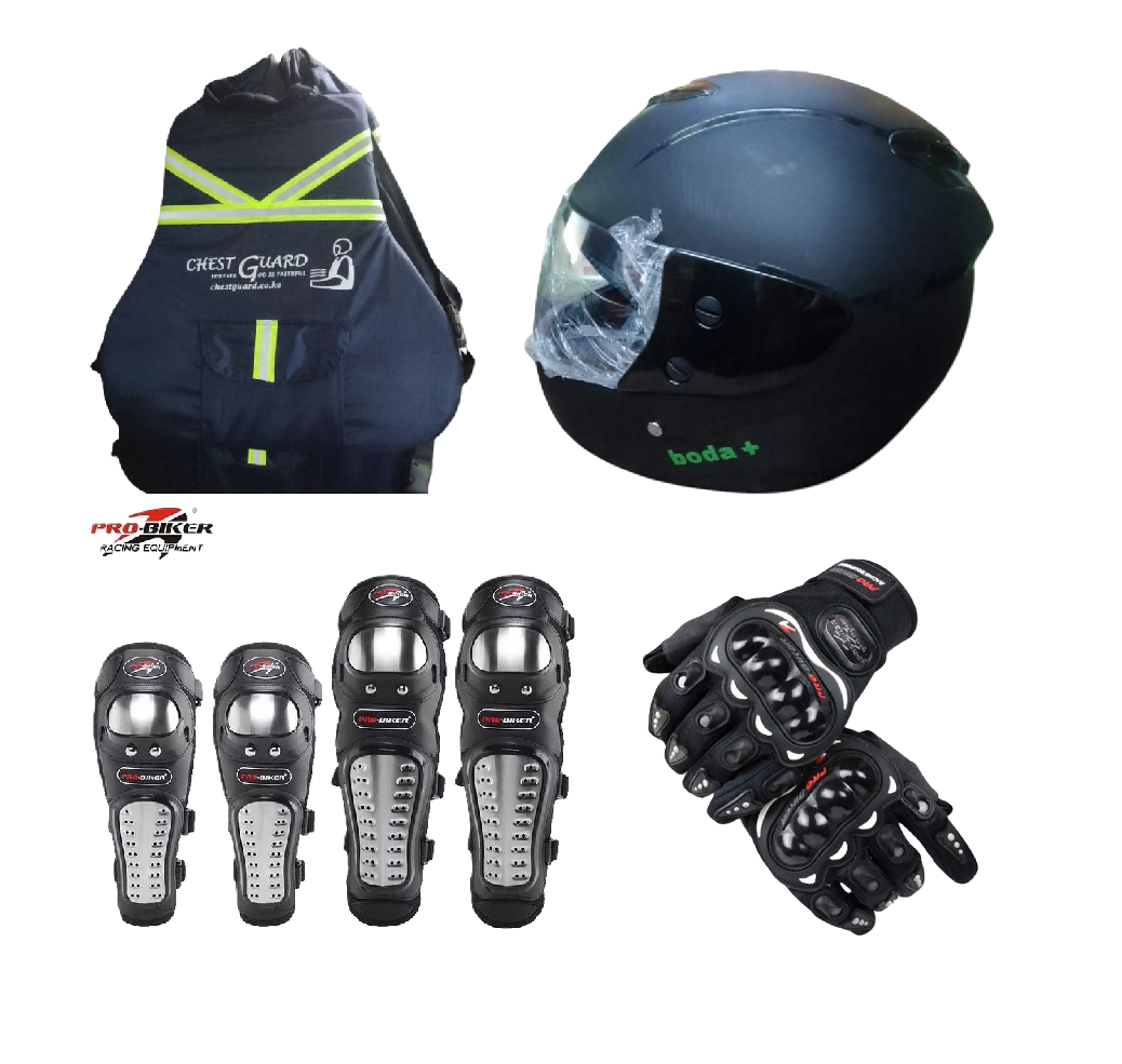 Motorcyclist Protective Set: Riders Chest Guard Black, Boda+ Full Head Black Helmet, Pro-Biker Knee & Elbow Guards and Pro-Biker Full fingers Black Gloves