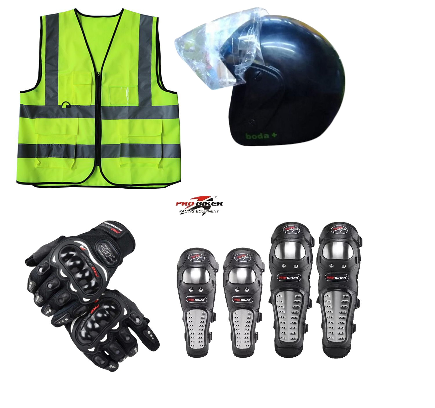 Motorcycle Protective Gear Combo: Pro-Biker Knee & Elbow Guards, Boda+ Half Head Black Helmet, Reflector Jacket( Neon Green) and Pro- Biker Full Fingers Gloves