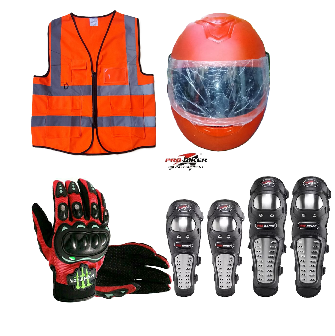 Motorcycle Protective Gear Combo: Pro-Biker Knee & Elbow Guards, Boda+ Full Head Red Helmet, Reflector Jacket( Neon Orange) and Monster Full Fingers Gloves