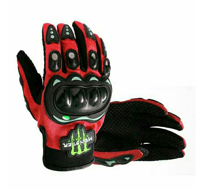 Motorcycle Protective Gear Combo: Pro-Biker Knee & Elbow Guards, Boda+ Full Head Red Helmet, Reflector Jacket( Neon Orange) and Monster Full Fingers Gloves