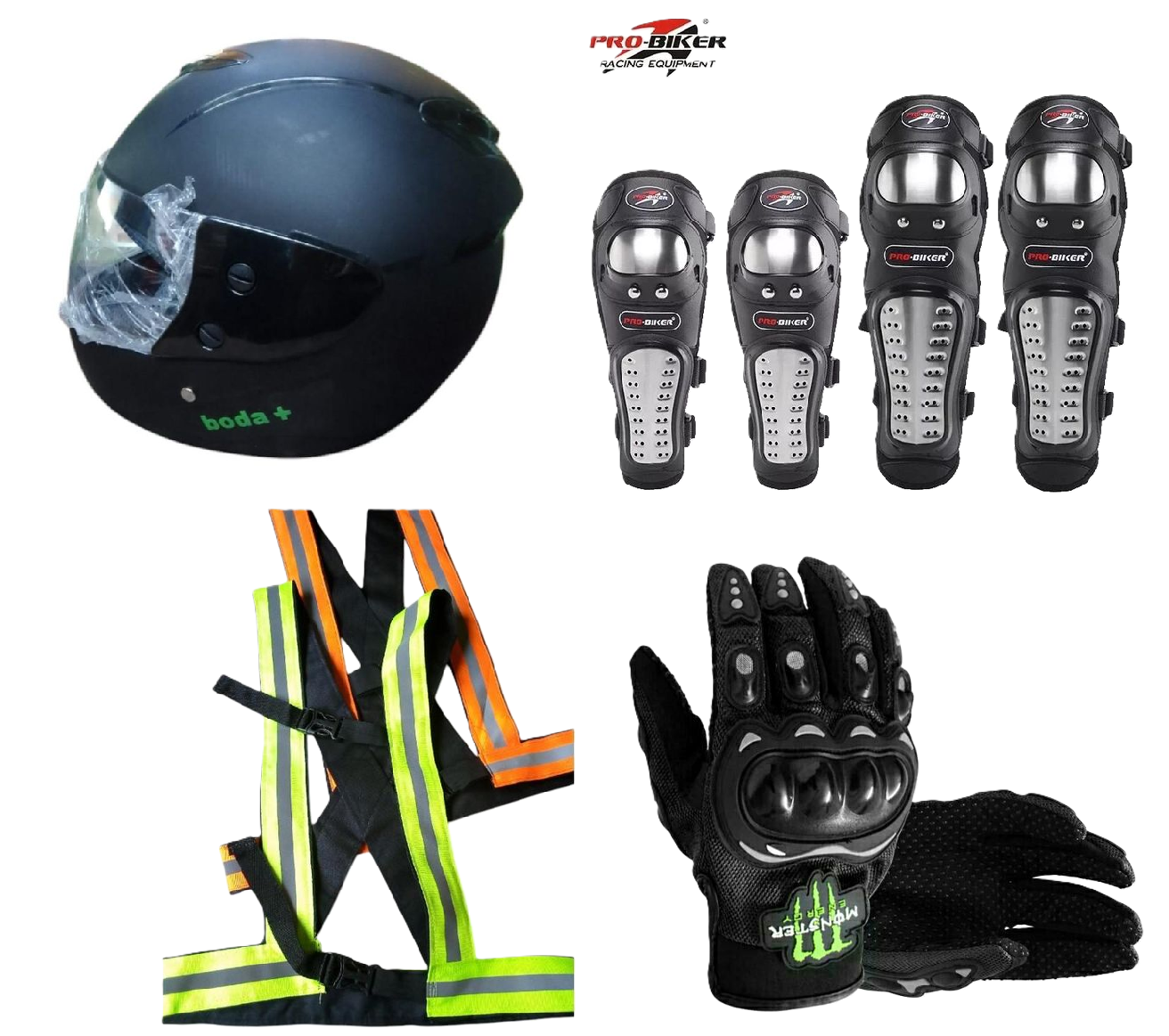 Motorcycle Riders Protective Gear Set: Boda+ Full Head Black Helmet, Pro-Biker Knee & Elbow Guards, Motorcycle Reflective Straps(2 Pcs) and Monster Full Fingers Black Gloves