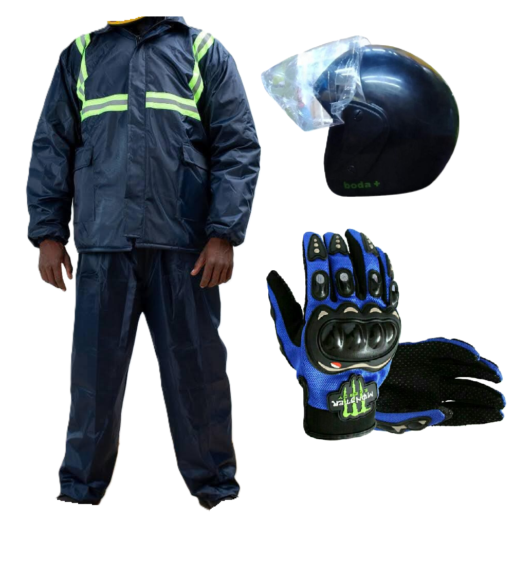 Motorcycle Riding Suit Navy Blue/ Black, Boda+ Half Head Black Helmet and Full Fingers Motorcycle Riding Gloves Set
