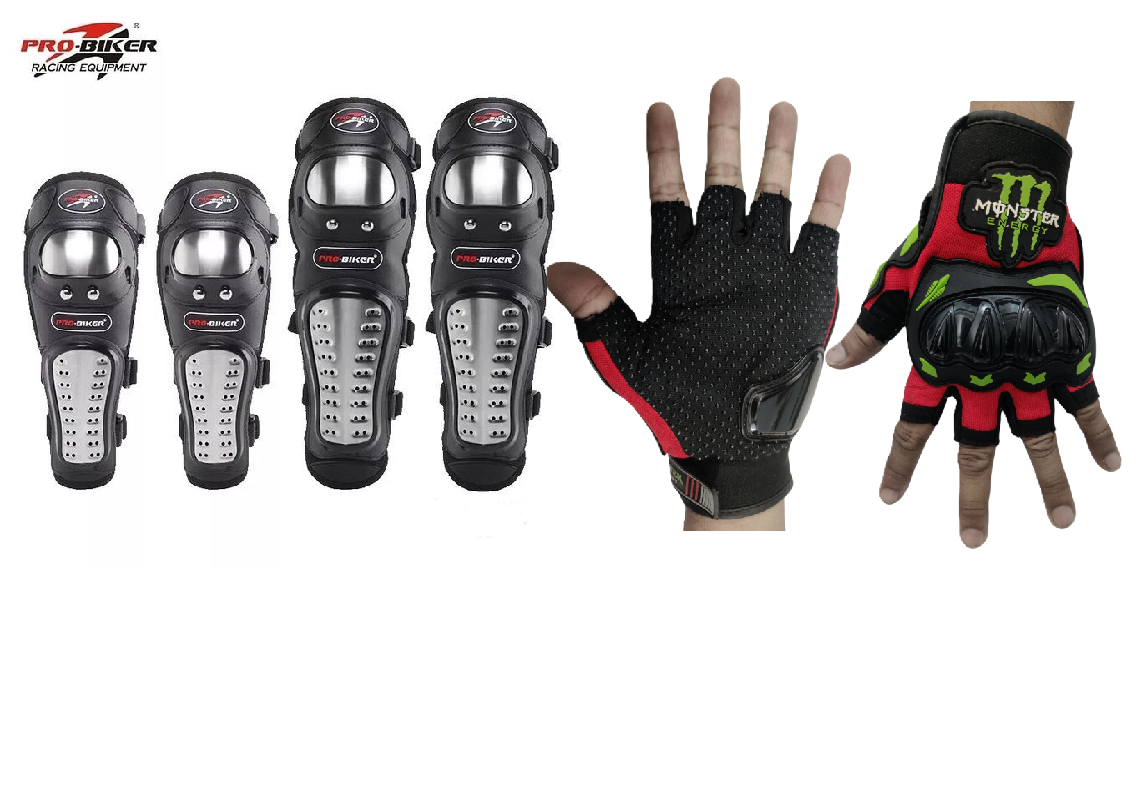 Motorcycle Riders Protective Combo: Pro- Biker Knee & Elbow Protective Guards and Monster Half Fingers Riding Gloves