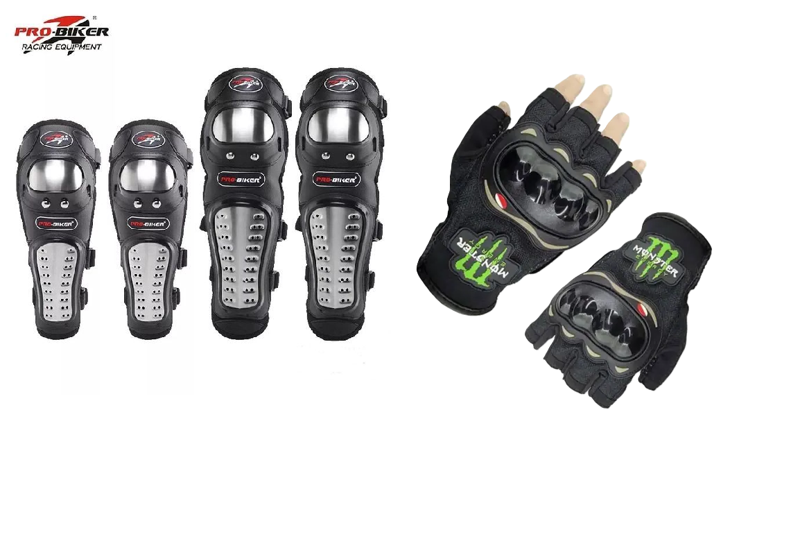 Motorcycle Riders Protective Combo: Pro- Biker Knee & Elbow Protective Guards and Monster Half Fingers Riding Gloves