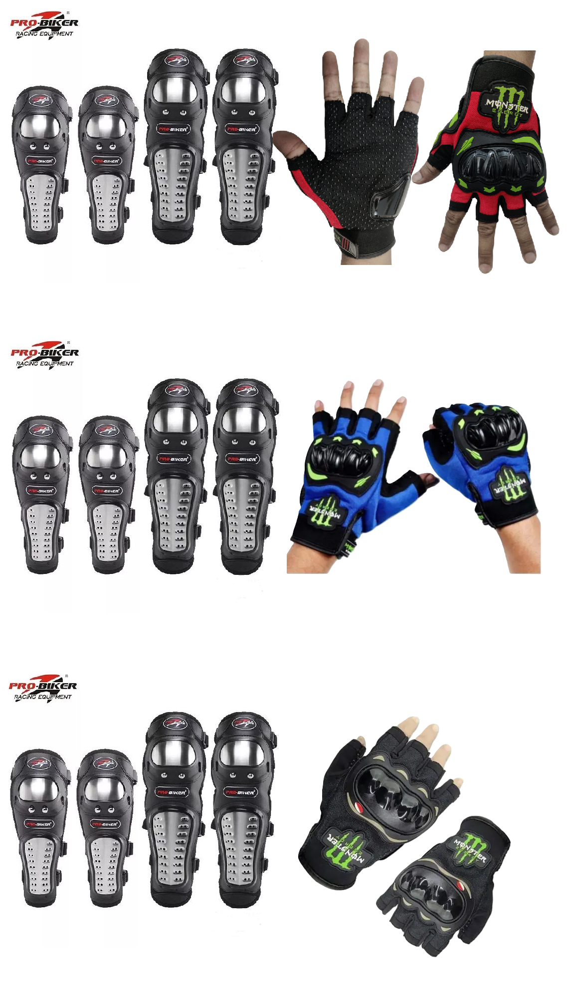 Motorcycle Riders Protective Combo: Pro- Biker Knee & Elbow Protective Guards and Monster Half Fingers Riding Gloves