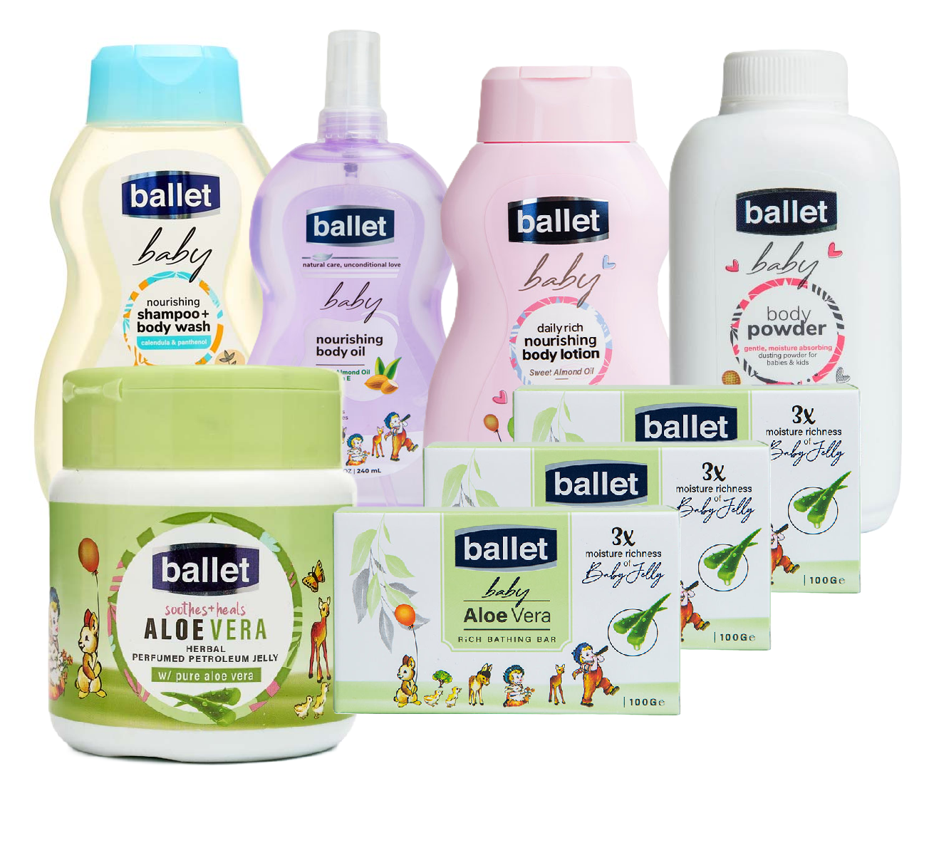 Ballet Value Pack (Set Of 8)-(Baby Cream Wash & Shampoo 240ml, Baby Oil 240ml,Baby Lotion 240ml,Baby Aloe-Vera /Pure Petroleum / Baby Regular & Baby Butter Blend Jellies 250g, Baby Powder 100g & Soaps