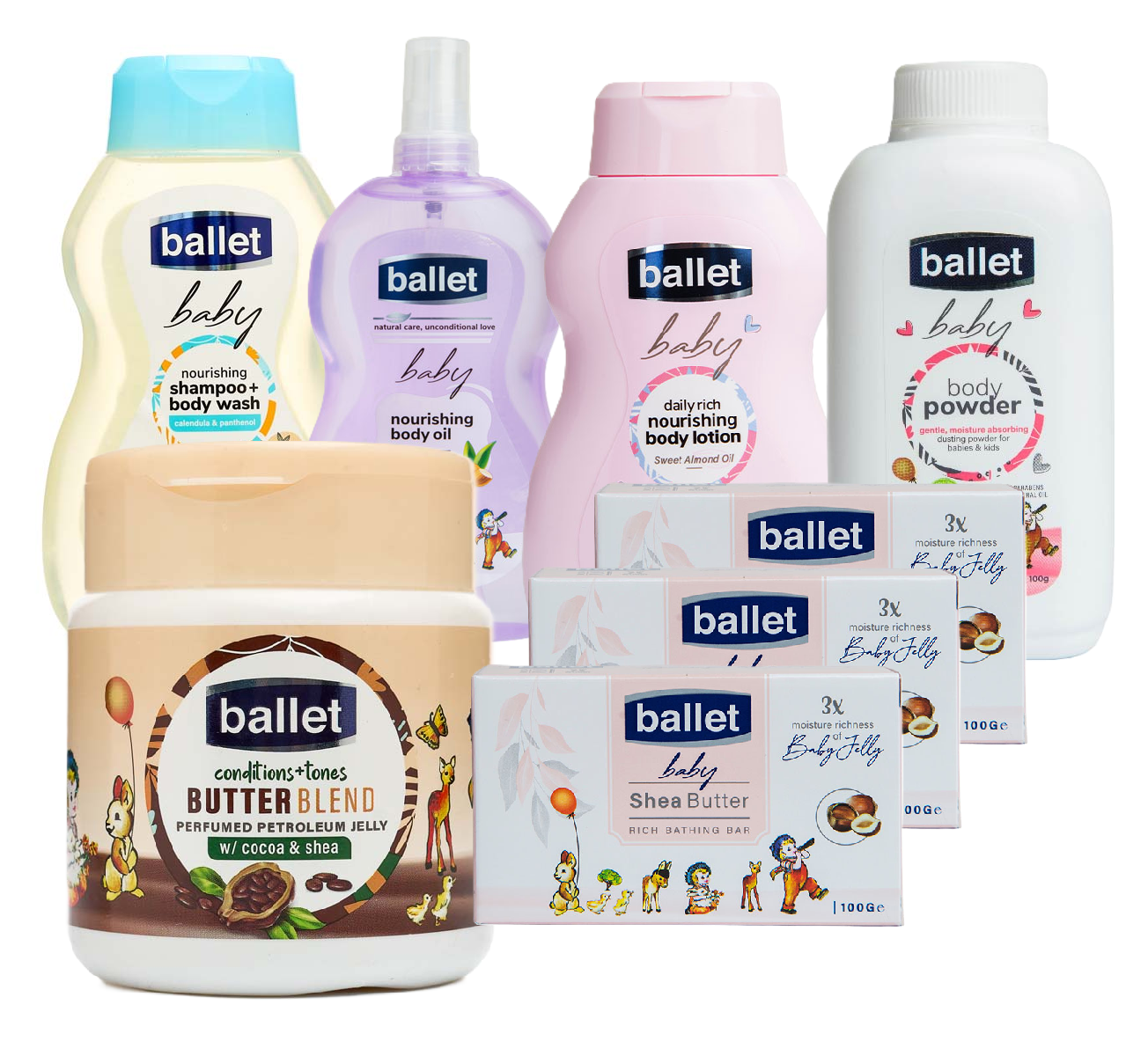 Ballet Value Pack (Set Of 8)-(Baby Cream Wash & Shampoo 240ml, Baby Oil 240ml,Baby Lotion 240ml,Baby Aloe-Vera /Pure Petroleum / Baby Regular & Baby Butter Blend Jellies 250g, Baby Powder 100g & Soaps